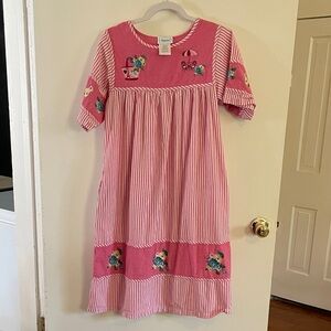 National Pink Striped Paris Cafe Embroidered Midi housedress with side pockets